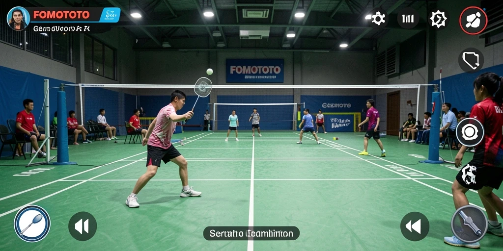 Tampilan antarmuka FOMOTOTO dengan karakter bermain badminton.