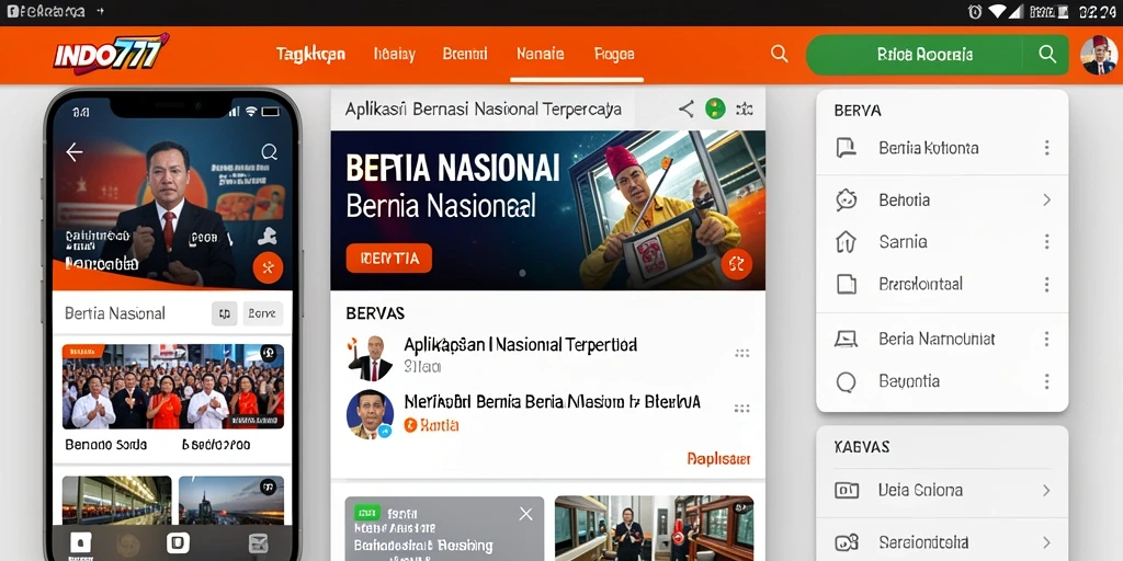 Antarmuka aplikasi INDO777 dengan fitur berita nasional.